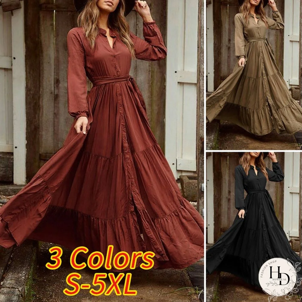 S-5XL Women Autumn Solid Color Casual Dress Long Sleeve Turn-down Collar Button Up Vintage Long Shirt Dress Holiday Pleated A-line Dress Vestidos