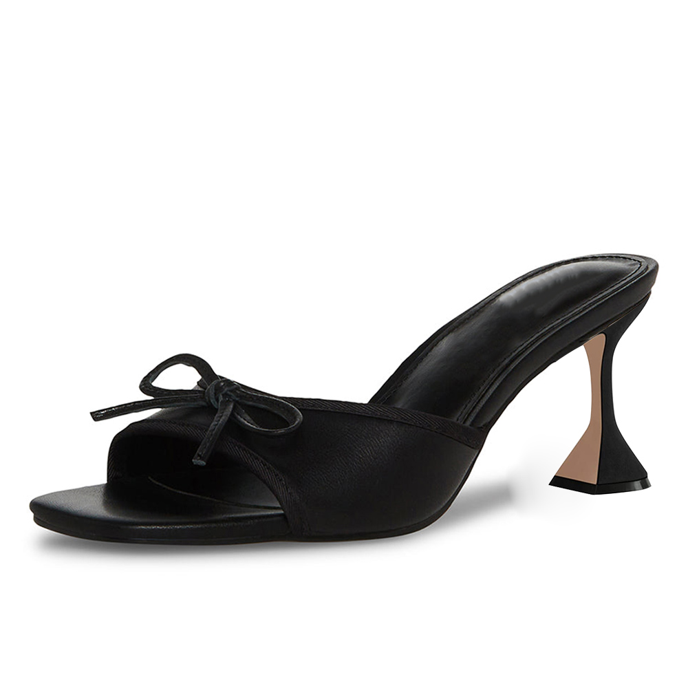 Black Vegan Leather Open Toe Flared Heel Mule Shoes for Women Nicepairs