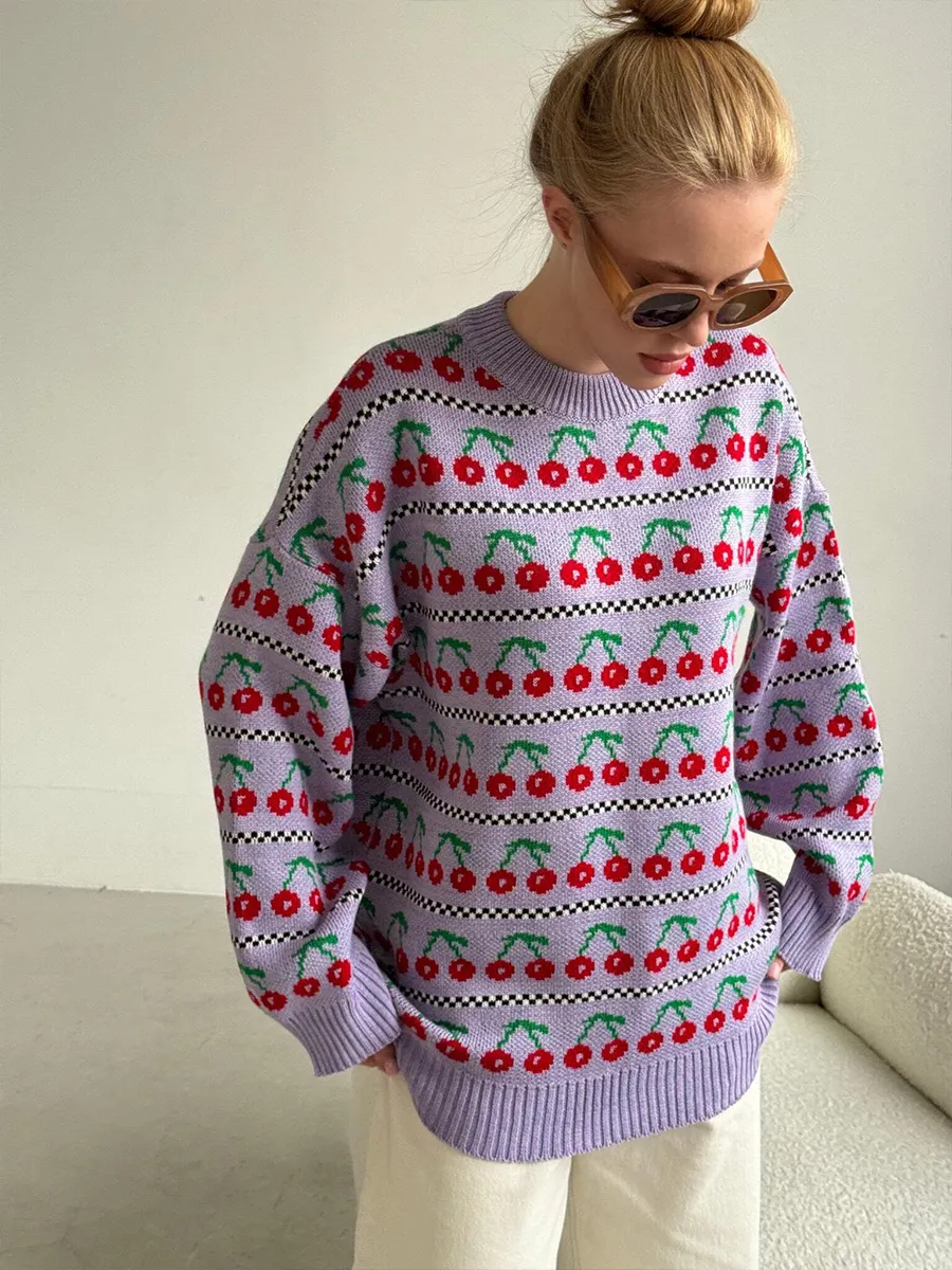 Churchf Churchf Neck Cherry Sweater Fall 2024 New Vintage Knit Cherry Round Neck Sweater