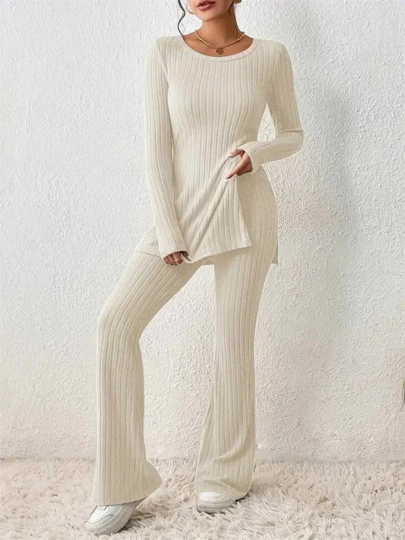 Women's Long Sleeve Scoop Neck Solid Color Two-Piece Set