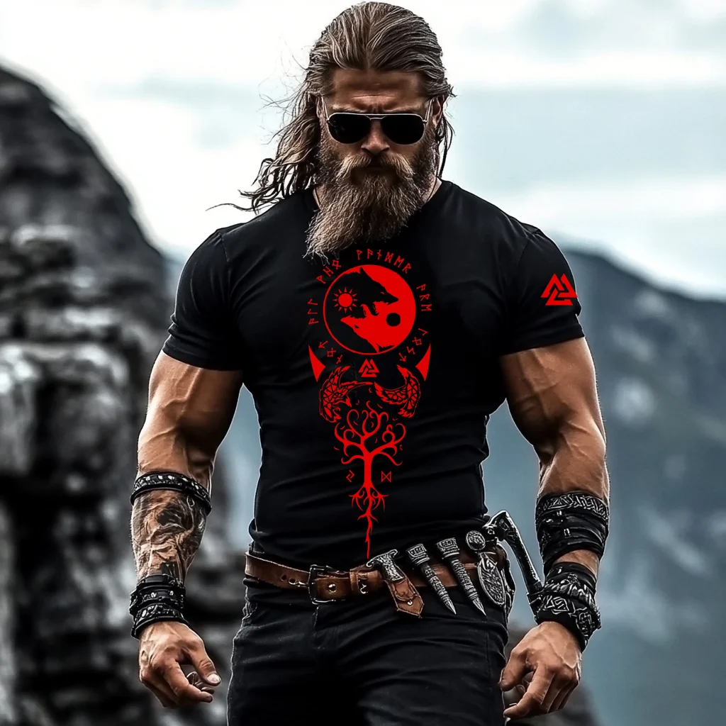 Men's Vintage Viking Wolf Totem Graphic Casual T Shirt