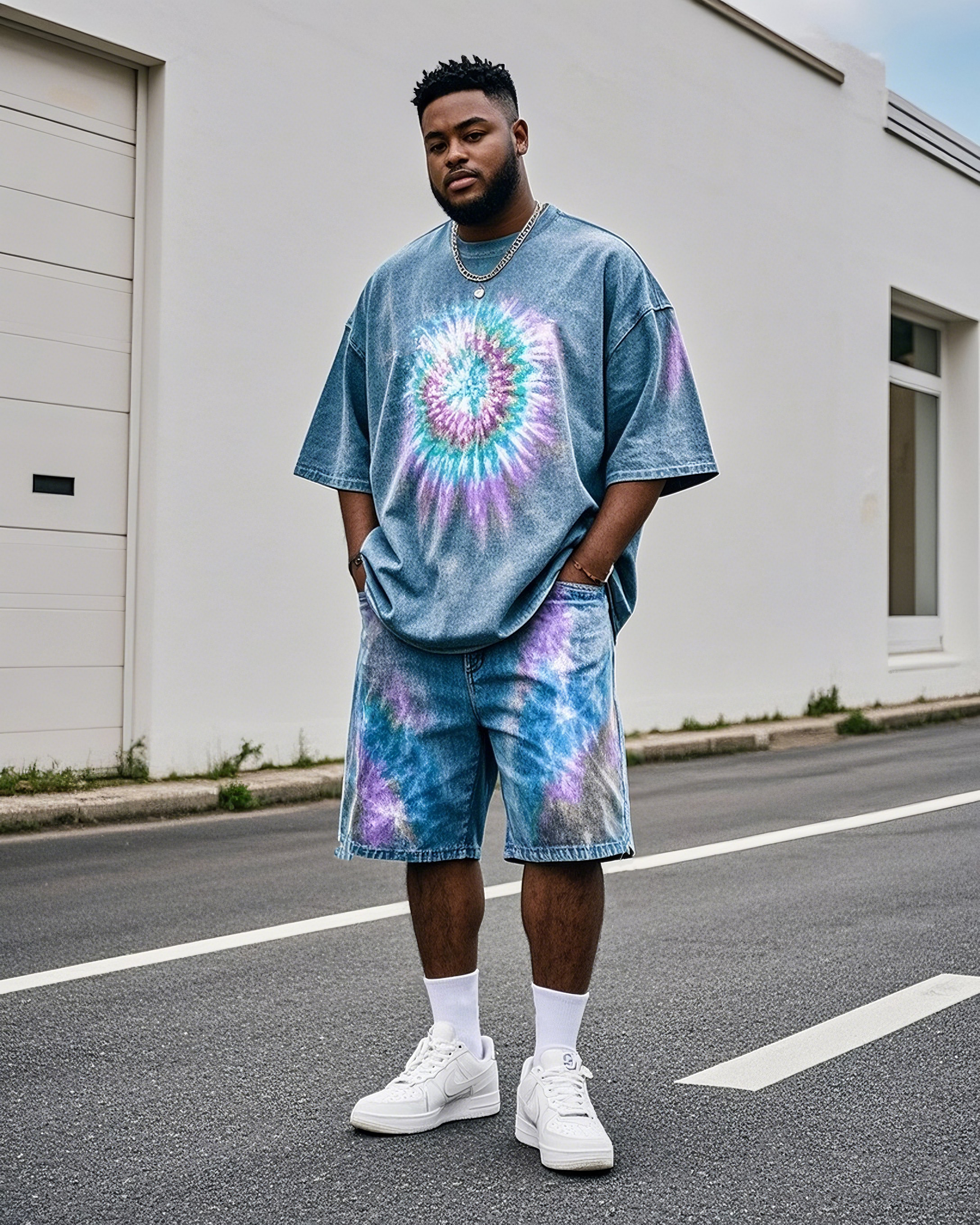 Plus Size Men's Creative Laser Short Sleeve T-shirt Shorts Denim Suit