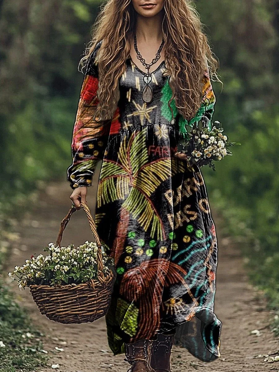 Women's Coconut Tree Art Print Pocket Cotton V Neck Long Sleeve Dress