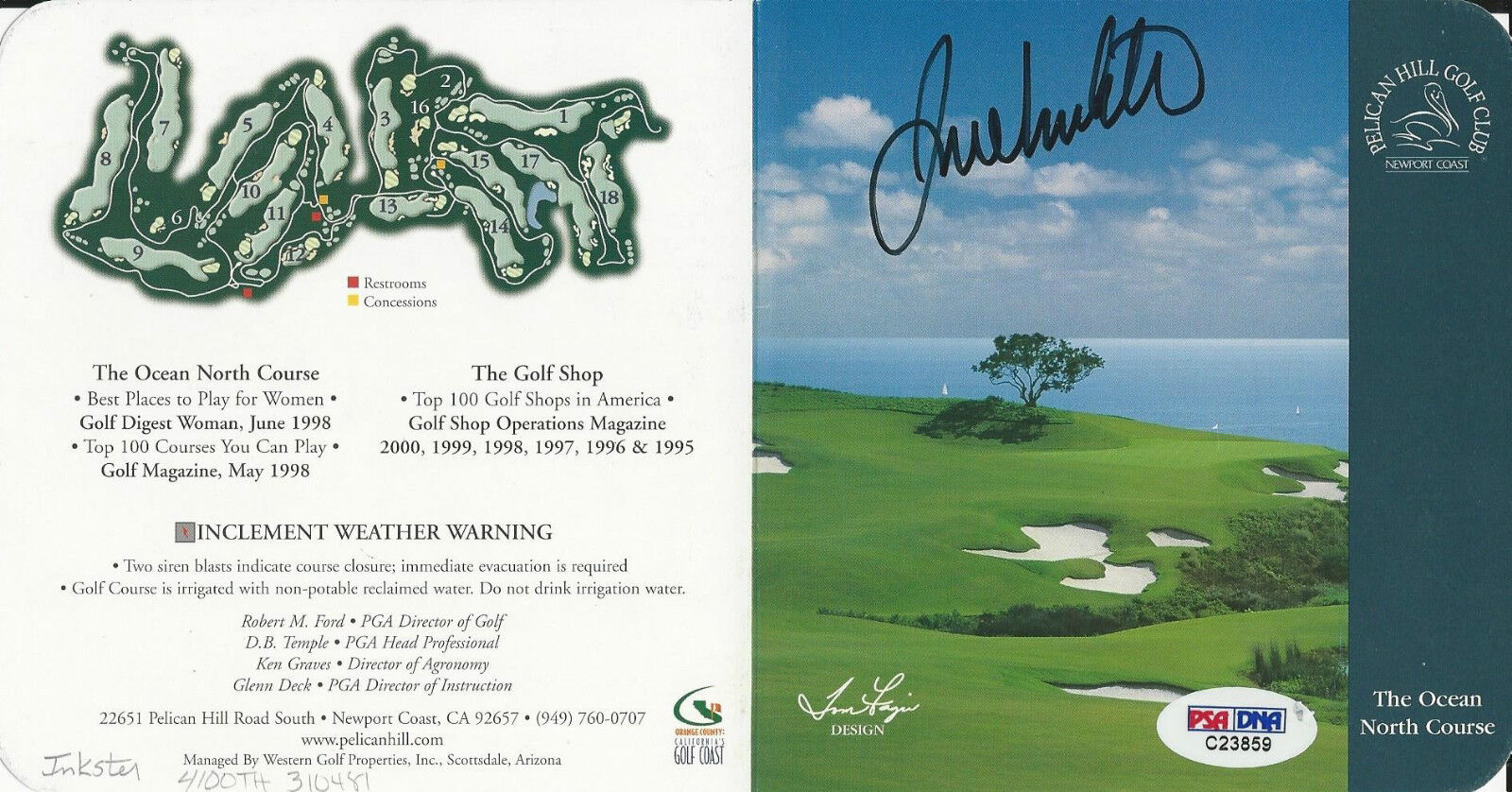 Joe Inster Signed Pelican Hill Golf Club Score Card PSA/DNA # C23859