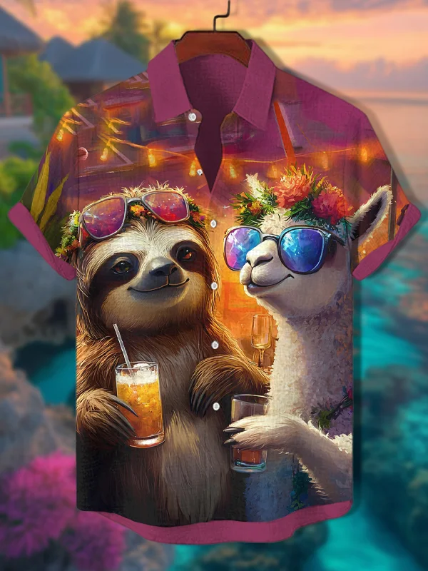 Men's Alpaca Sloth Cocktail Vacation Art Print Casual Shirt