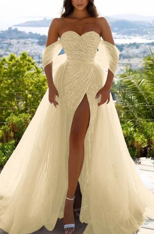 Off-the-Shoulder Sky Blue Prom Dress Sequins With Slit PD0576