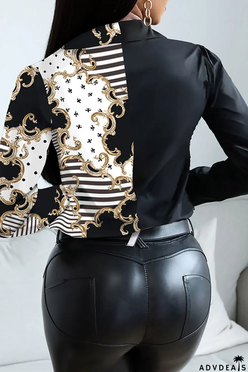 Red Black Casual Print Patchwork Buckle Turndown Collar Tops