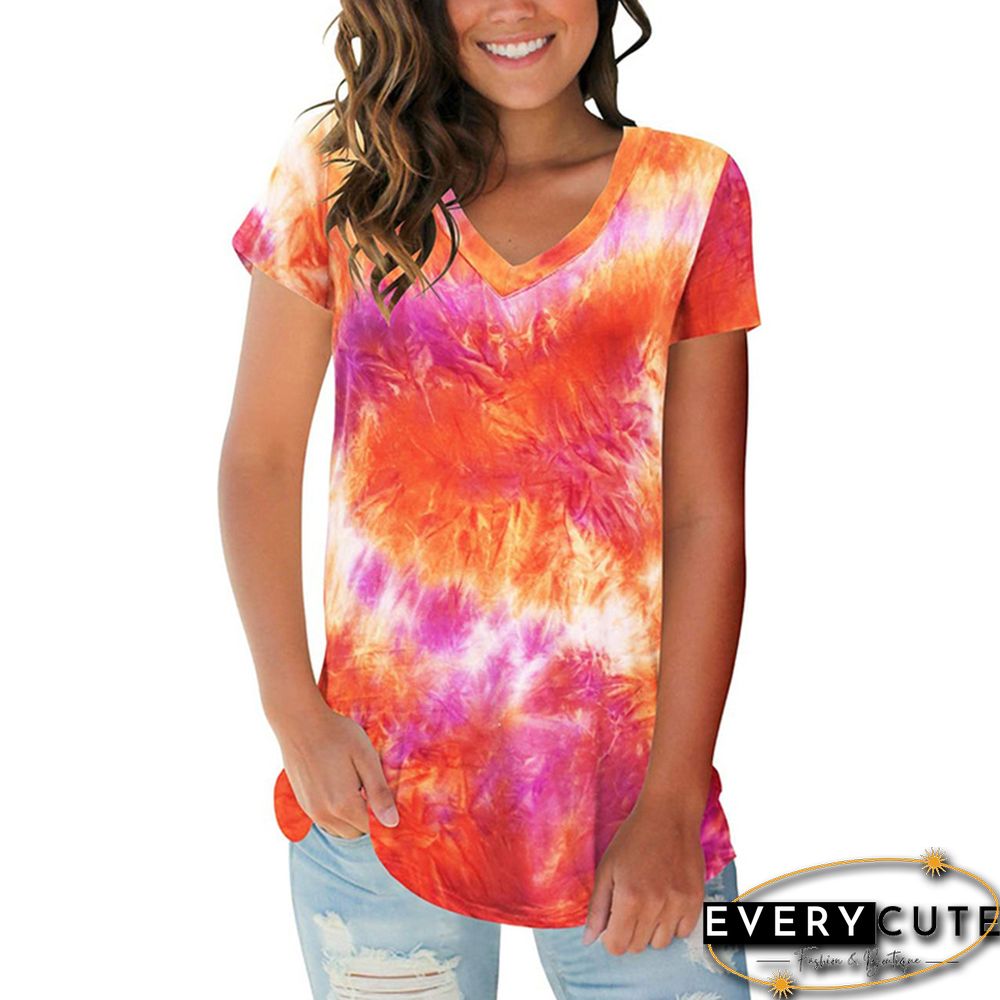 Orange V Neck Tie Dye Short Sleeve Tees