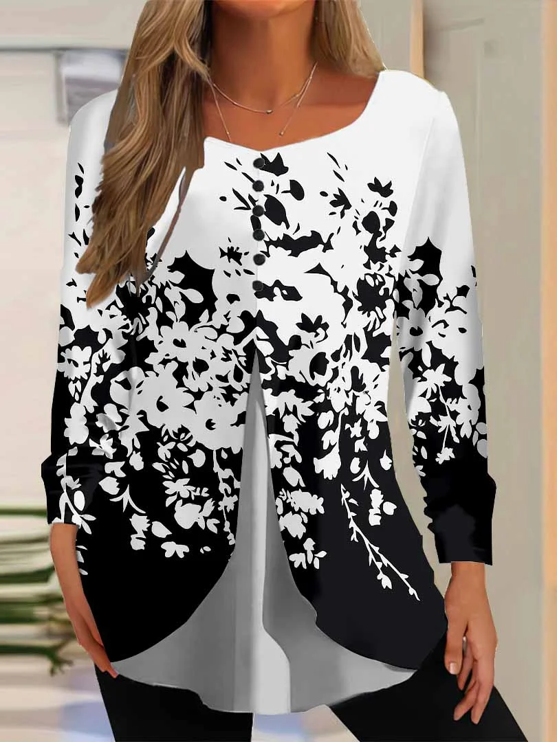 Women Floral,Black DZGG8365 Long Sleeve Scoop Neck Printed Graphic Button Fake 2in1 Tops