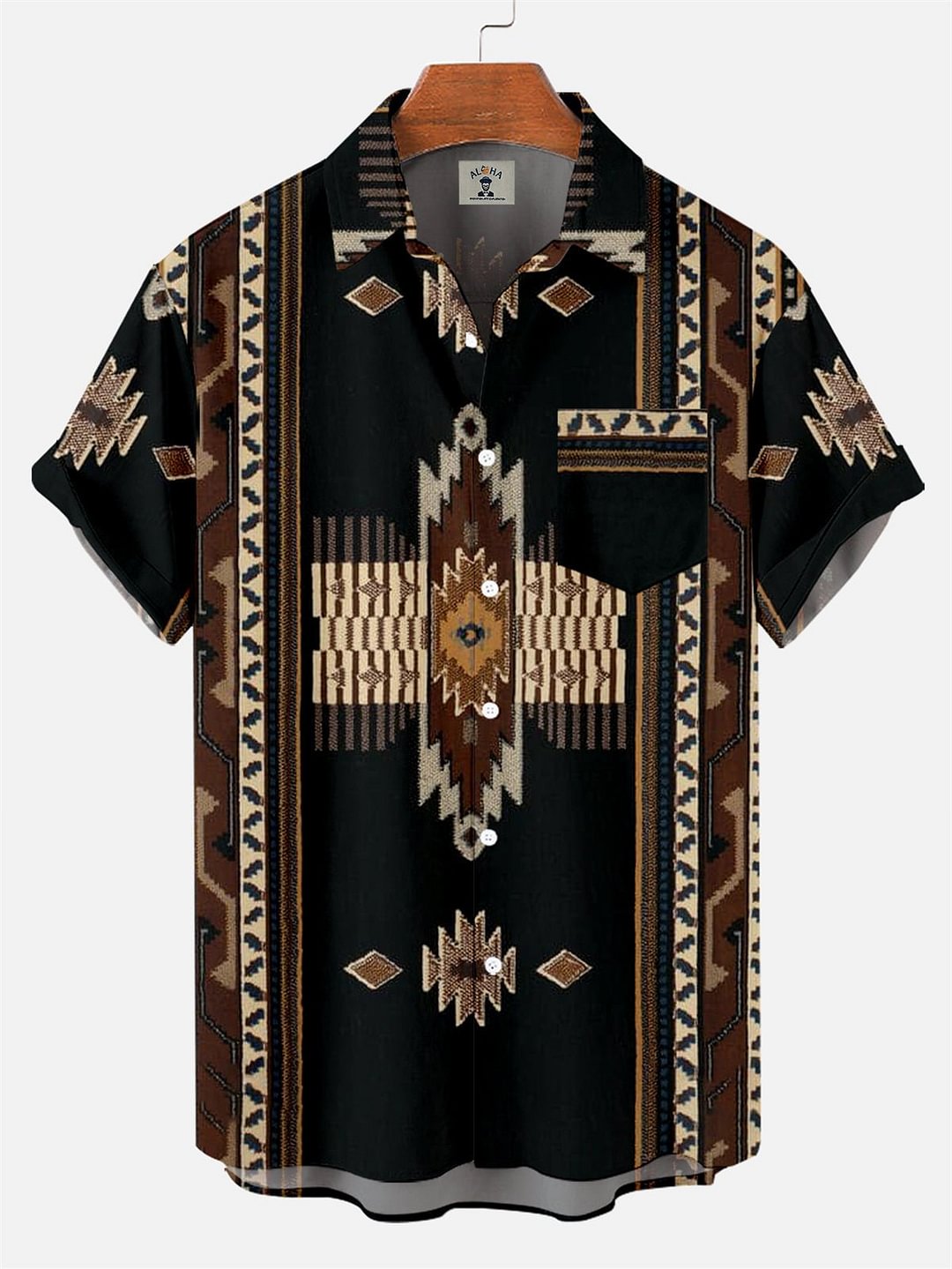 Men's Retro Western Ethnic Stripes Pattern Short Sleeve Shirt