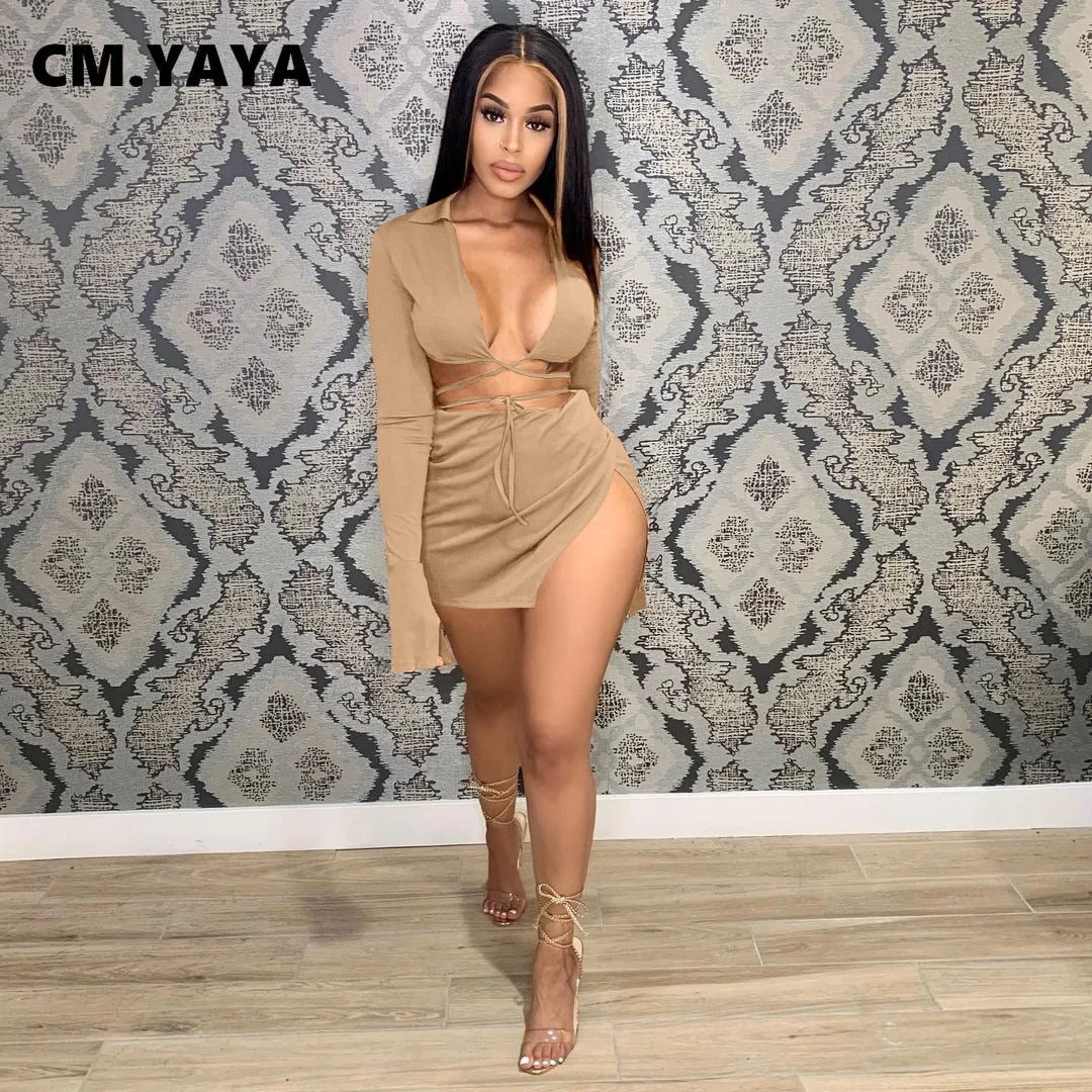 CM.YAYA Women Side Split Mini Midi Skirts Suit and Lace Up Mini Shirt Tops Beach Holiday Sexy Matching Two 2 Piece Set Outfits