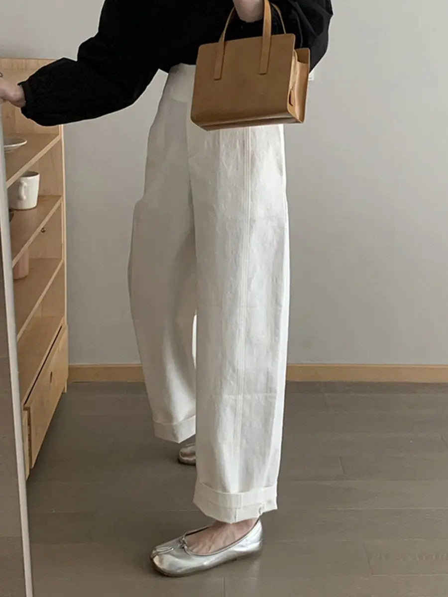 High Waist White Straight Leg Wide Leg Pants