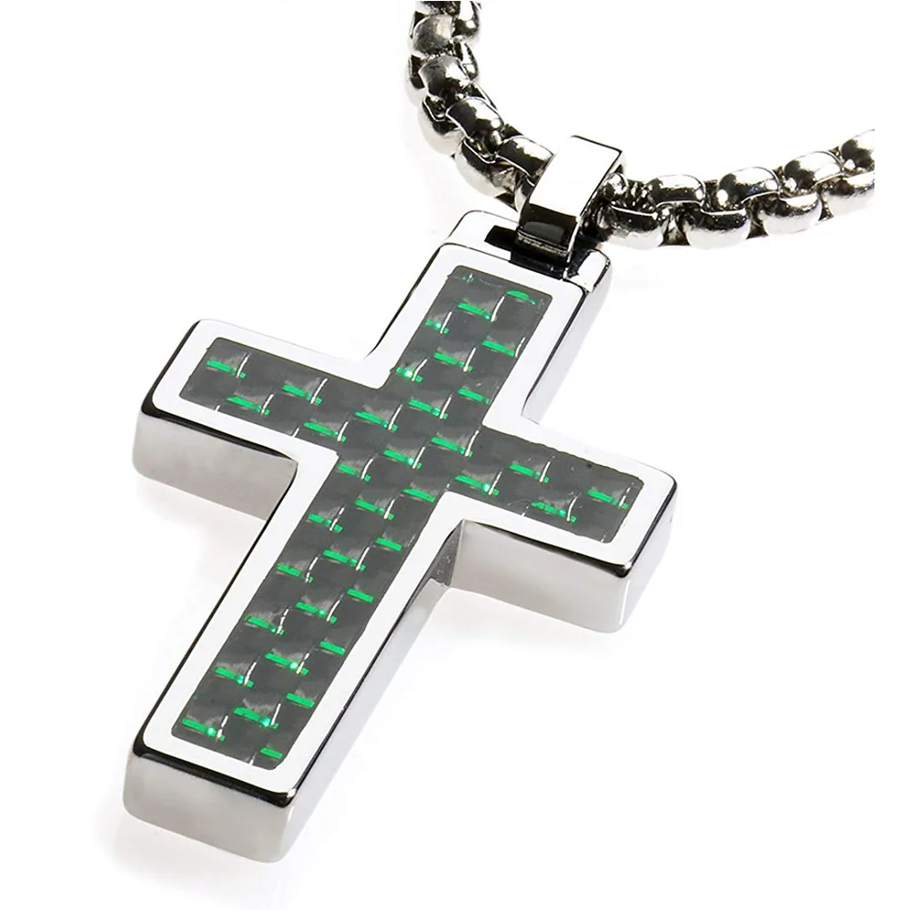 Women's Or Men's Unique Tungsten Cross Pendant. Surgical Stainless Steel Box Chain. Tungsten Black & Green Carbon Fiber Inlay Necklace Jewelry Gifts For Mens And Womens