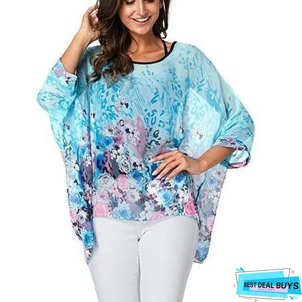 Plus Size Women Batwing Sleeve Casual Chiffon Tops Blouses