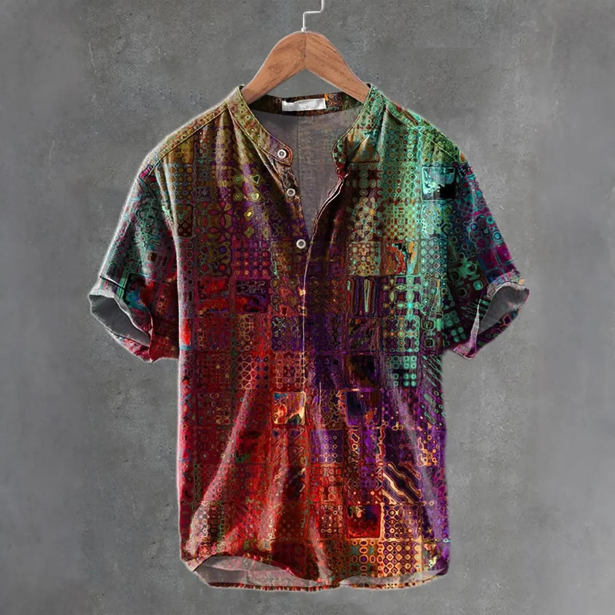 Men's Abstract Splicing Color Art Vintage Pattern Casual Shirt  artssus