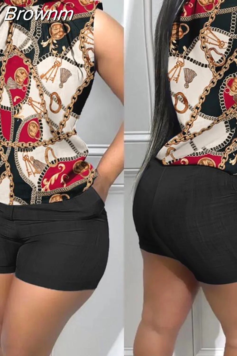 Brownm Piece Sets Womens Outifits Summer Fashion Denim Look Print Casual Mock Neck Sleeveless Tank Top & Pocket Design Shorts Set