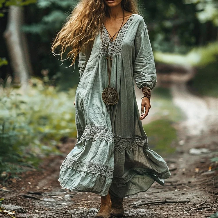 Women's Linen Ethnic Casual Maxi Dress