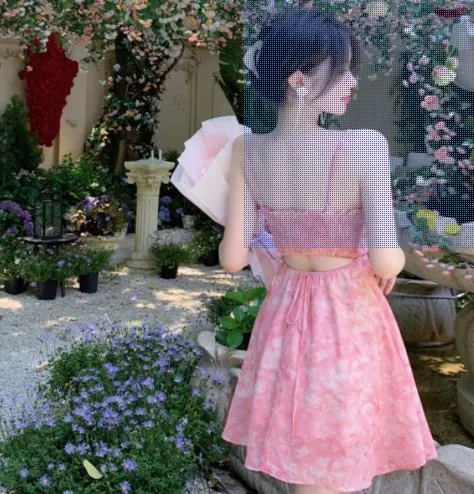 Churchf Churchf Temperament Sexy Dew Back Broken Flower Condole Belt Skirt Female 2024 Summer New Style Dozen Pull Collect Waist Thin Money Chiffon Dress