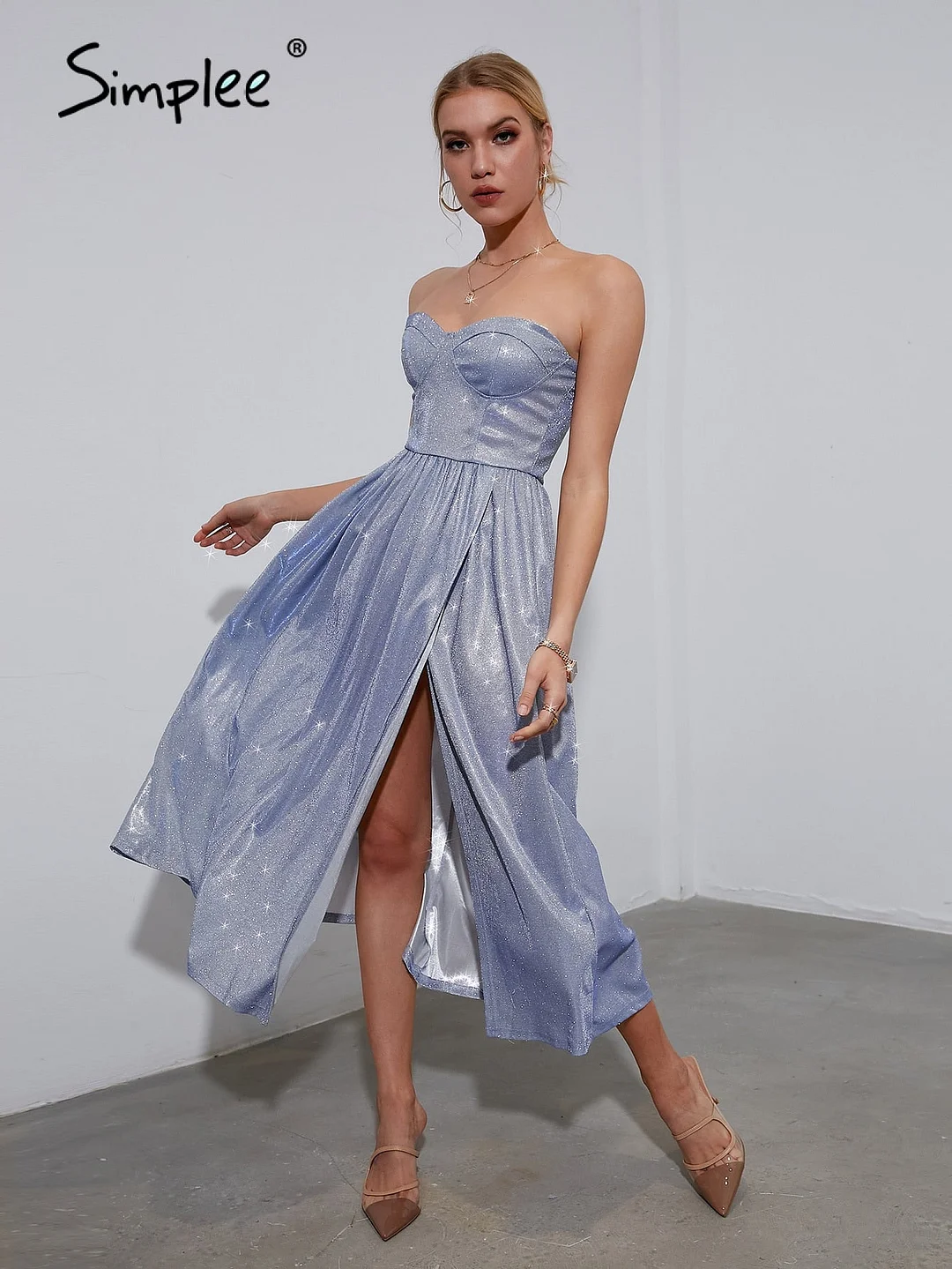 Simplee Strap corset sequin party dress elegant evening long dress Women pleated split blue vestidos Summer tube frills dresses