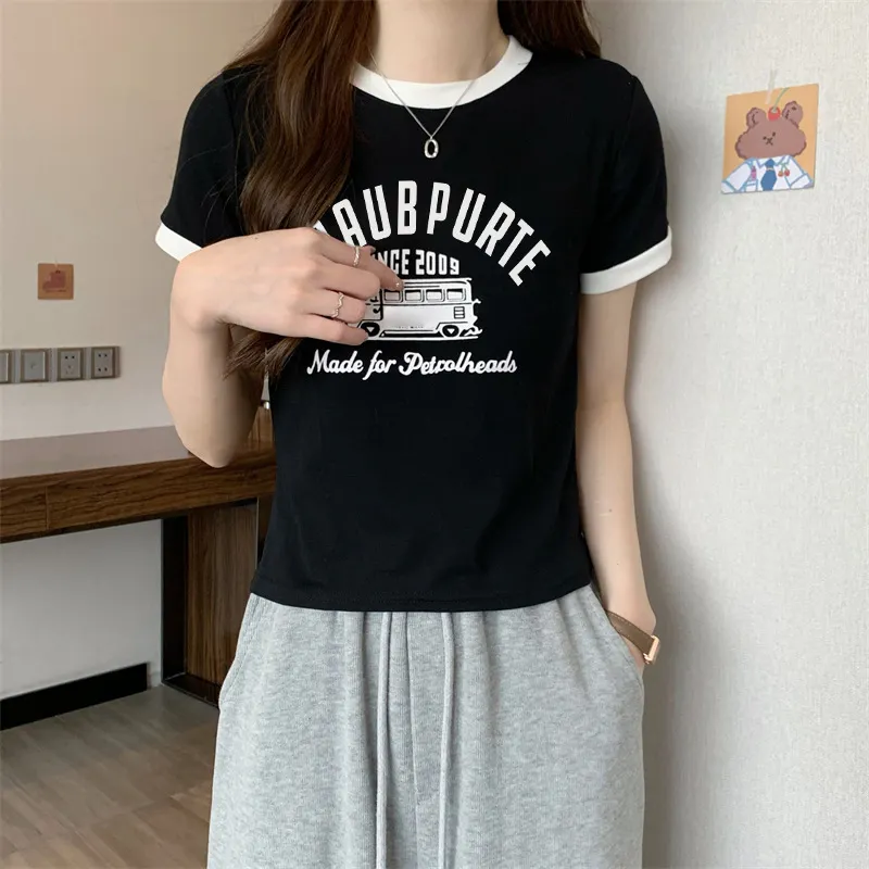 Uveng Uveng Summer New Sweet Hottie Girl Bump Color Round Collar Short Style On The Clothes Design Sense Shows Thin Students Short-Sleeved T-Shirt Girl