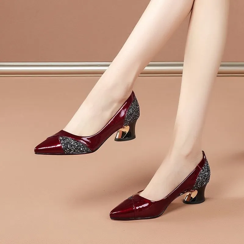 Soft Leather Shallow Shoes,Pointed Toe,2021Spring New Rhinestone Women Mid Heels,Slip on Female Footware,Big Size,бордовые,Black
