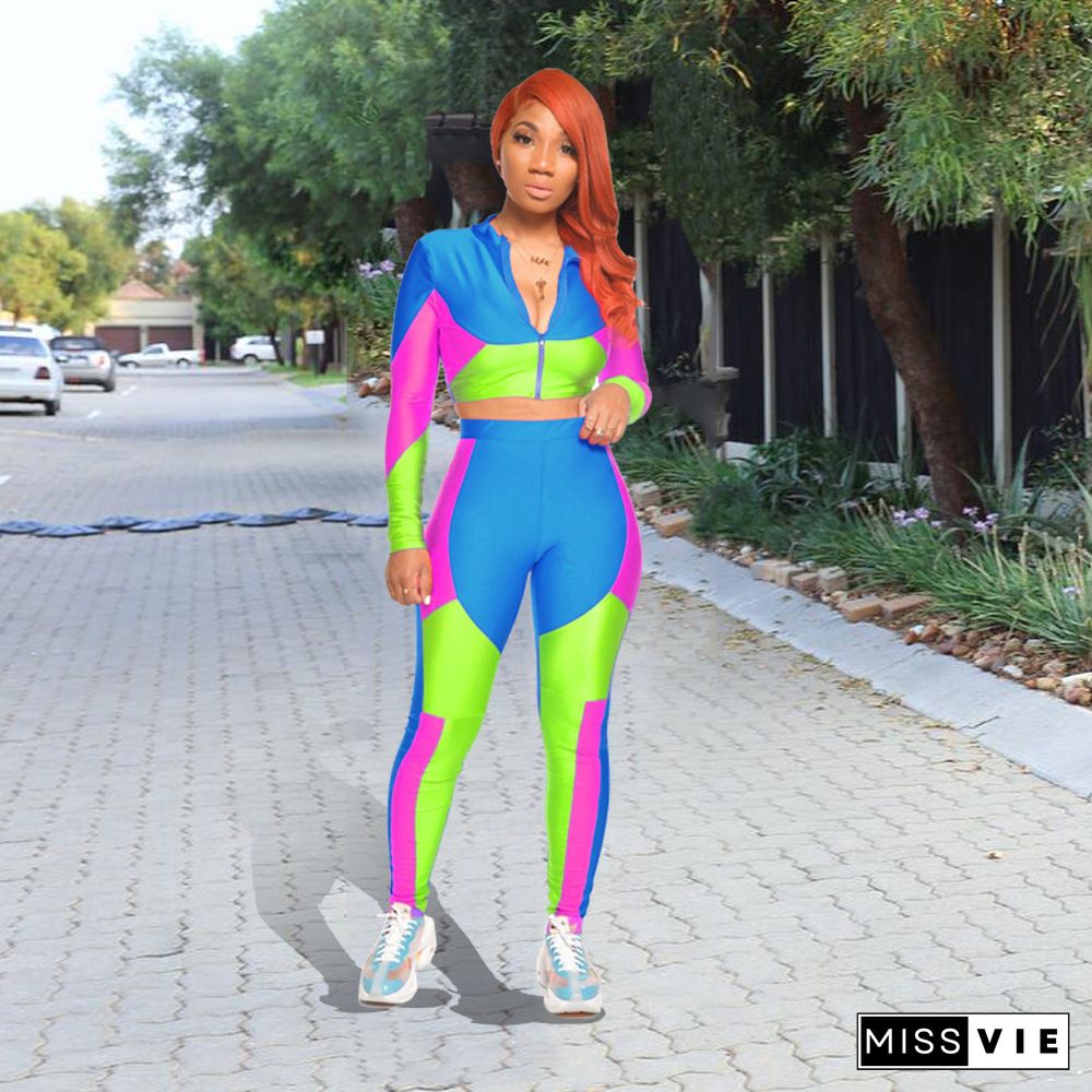 Hot-selling Color Block Mosaic Printing Leisure Two-piece Set