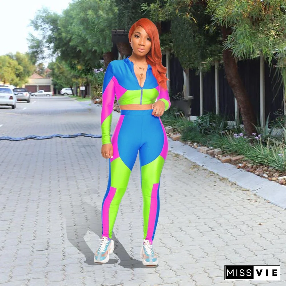 Hot-selling Color Block Mosaic Printing Leisure Two-piece Set