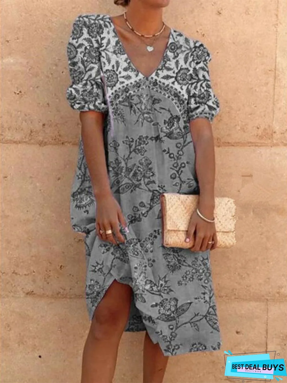 Loose V-neck Retro Printed Casual Dress