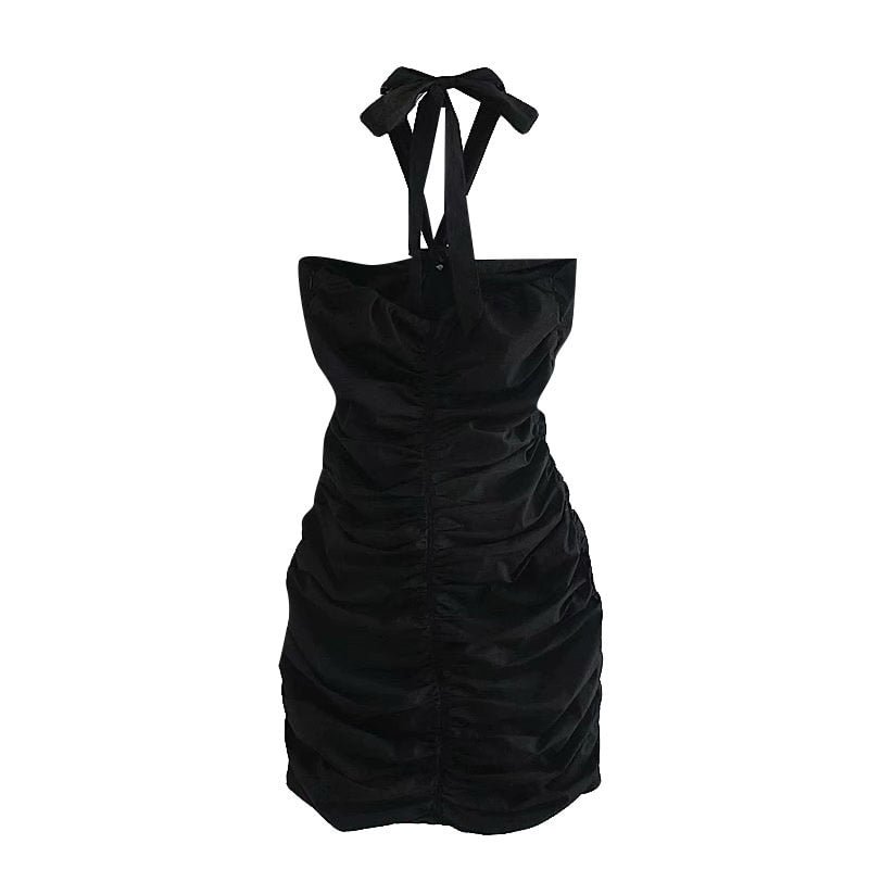 TRAF Women Sexy Fashion Draped Mini Halter Dress VIntage Back Bow Tied Side Zipper Female Dresses Vestidos Mujer