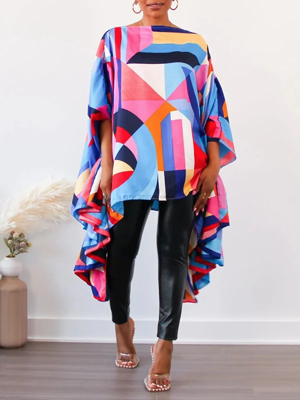 Colorful Geometric Printed Ruffled Batwing Sleeves Half Sleeves Round-neck T-Shirts Tops
