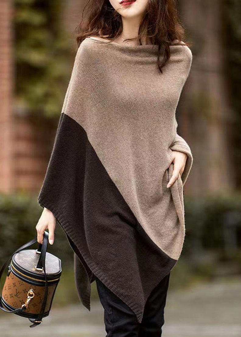 VCSHOES Camel Colour Patchwork Woolen Batwing Coat Long Sleeve