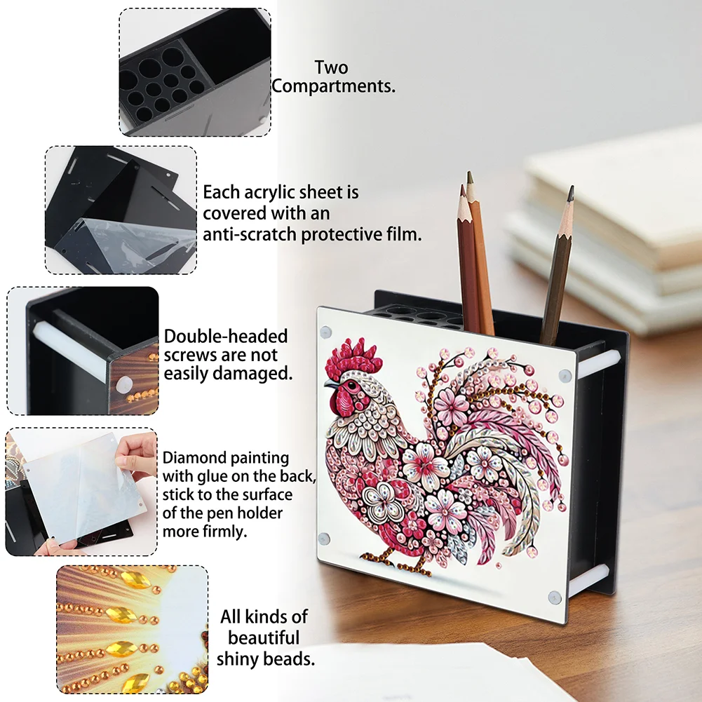 DIY Rooster Special Shaped Diamond Painting Acrylic Pencil Holder Organizer