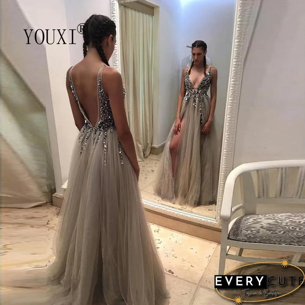 Light Gray Prom Dress Long Neck High Split Tulle Sweep Train Evening Gown A-Line Backless