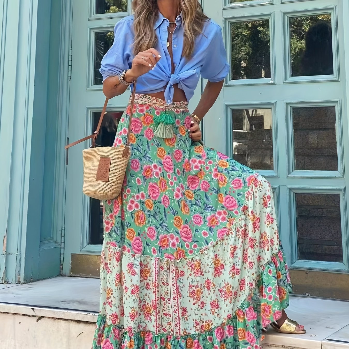 Chic High-Waisted Maxi Skirt for Summer Vacation: Flowy Ruffle Hem, Geometric Print, 100% Woven Polyester, Lettuce Trim Details, Non-Sheer, Long Length, Hand Washable