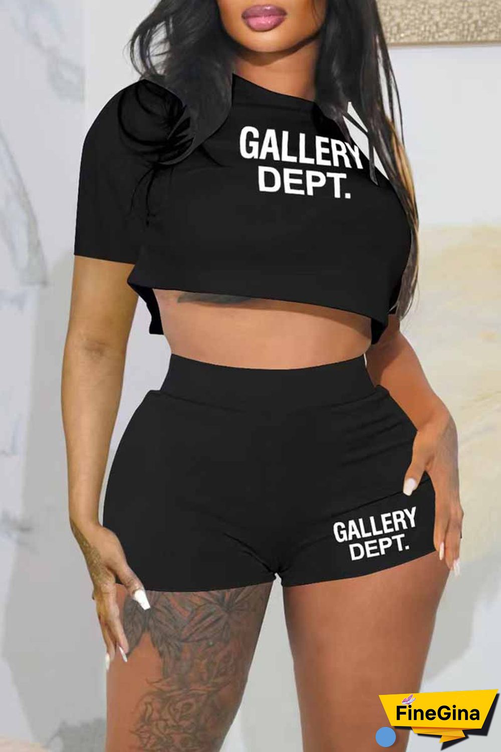 Black Casual Print Letter O Neck Short Sleeve Two Pieces