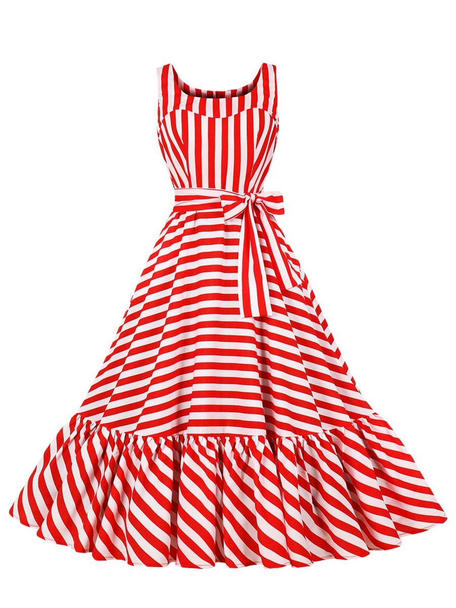 Sleeveless Dress Sweet Style Striped Ruffled Dress for Women