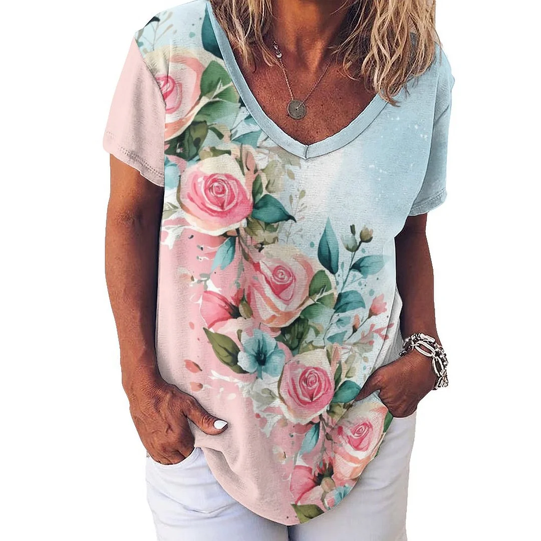 V-neck Short Sleeve Casual T-shirt for  Women Printed with Pattern Pink, Rose, Green, Floral