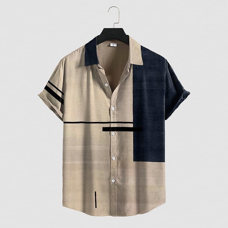 BrosWear Light Khaki Geometric Contrast Short Sleeve Shirt