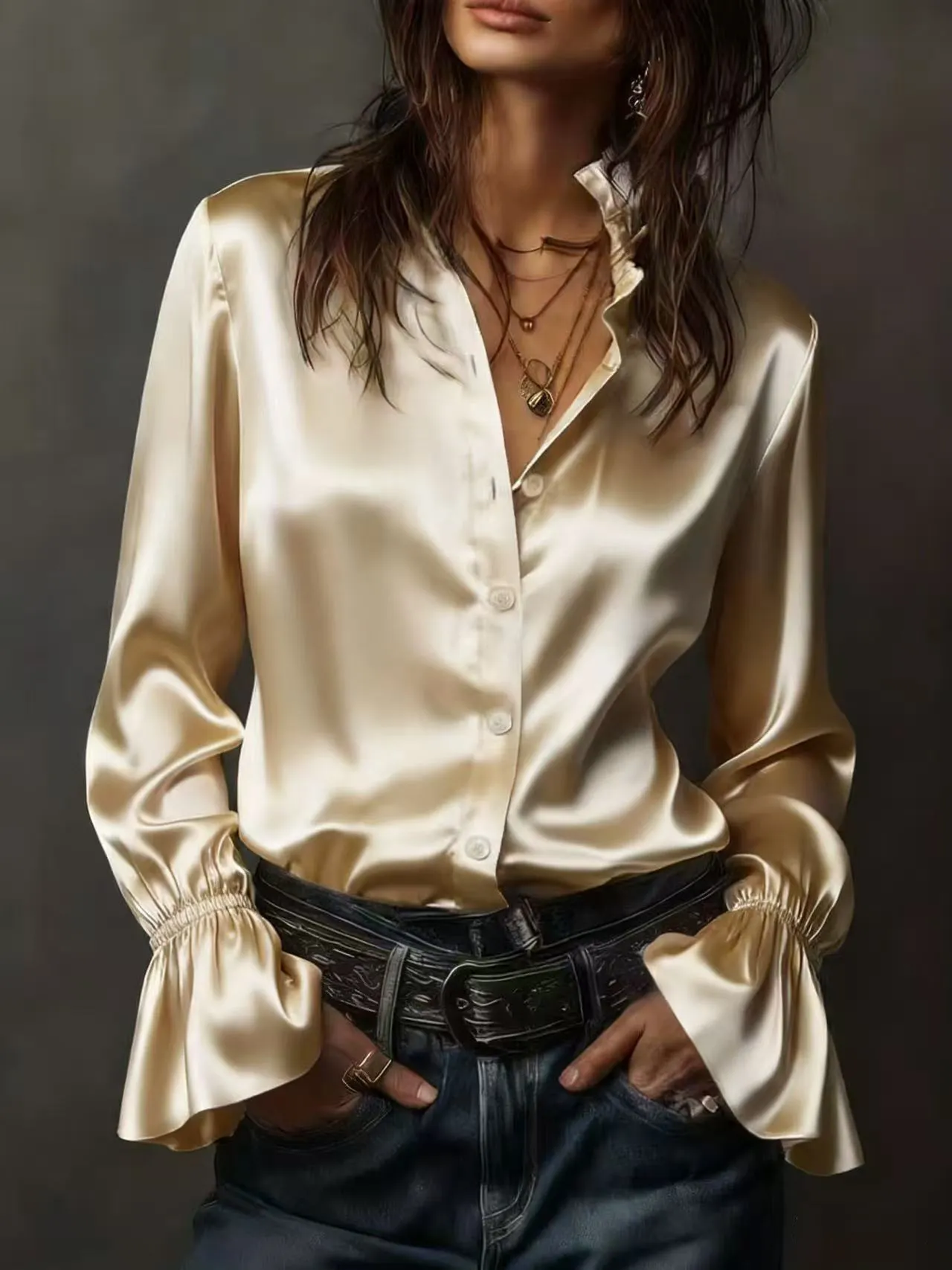Women's Satin Ruffle Collar Blouse