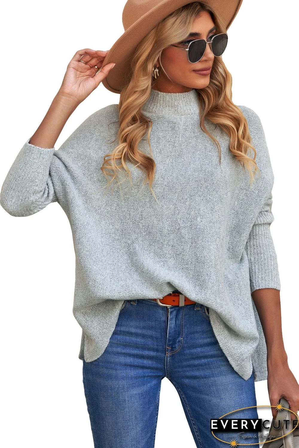 Grey High Neck Oversized Sweater with Slits