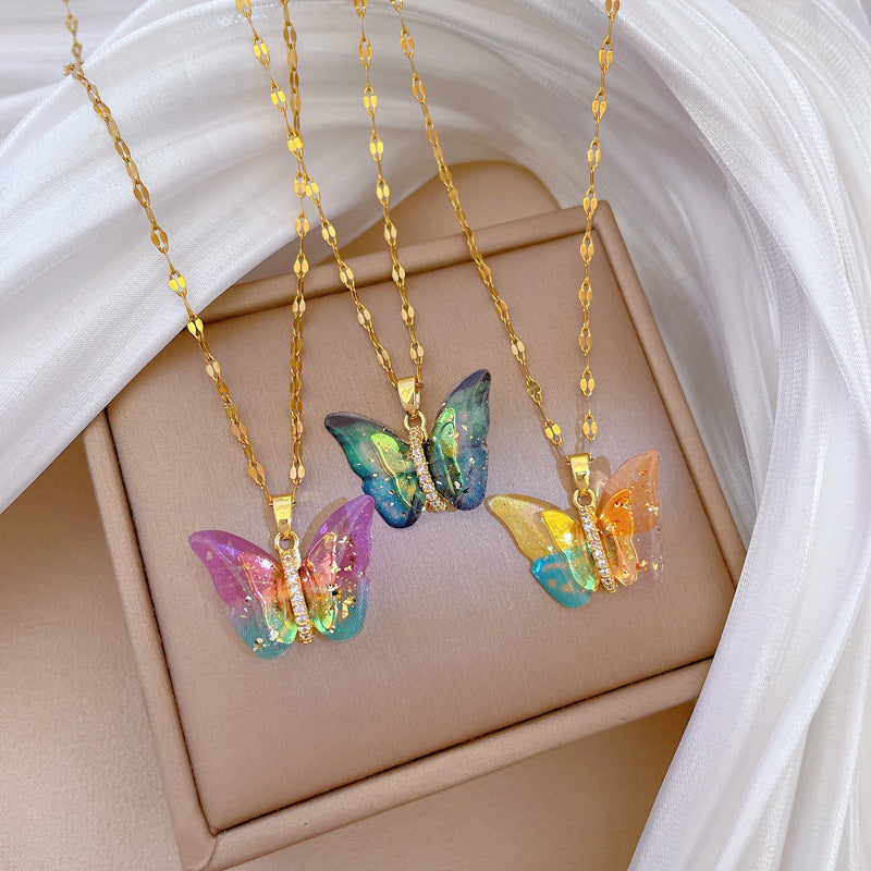 Colorful Butterfly Personality Fashion Gorgeous Full Diamond Necklace Women'S All-Match Clavicle Chain Titanium Steel