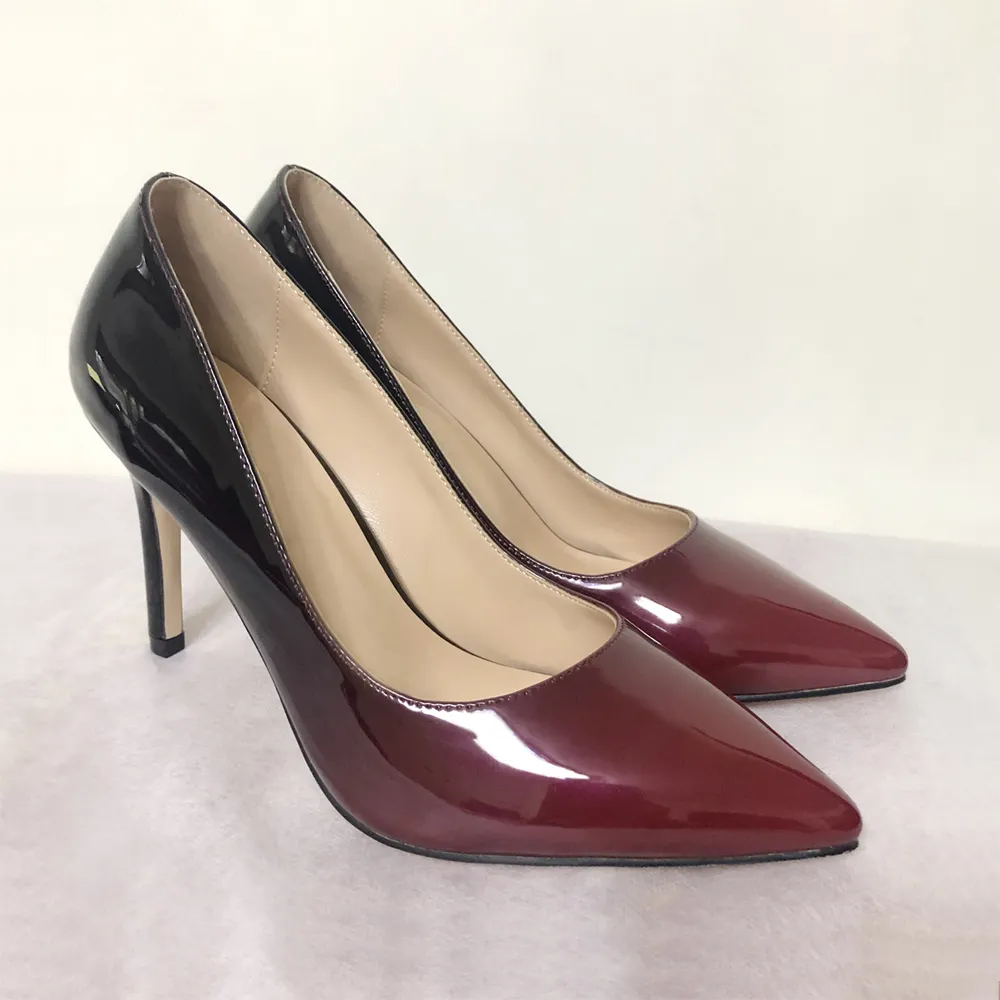 90mm Middle Heels Pointy Toe Pumps Black Wine Gradient Color Patent-vocosishoes