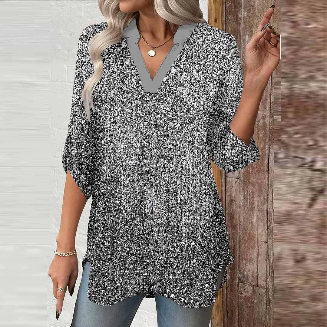 Women Shiny, Stripes, Silver DZGA0756 3/4 Sleeve V-neck Printed Graphic Button Tops
