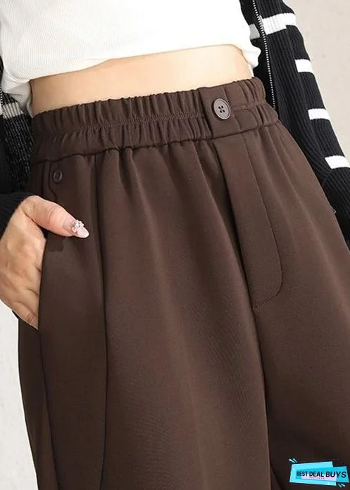 Simple Coffee Solid Pockets High Waist Cotton Crop Pants Spring