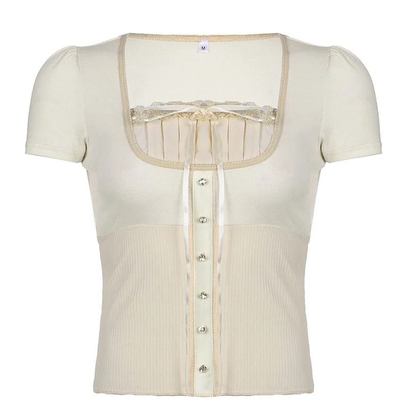 Xingqing Korean Cute Y2K Retro Cotton Tops Lace Patchwork Buttons Kawaii Tshirts Autumn Square Collar Chic Casual Shirts