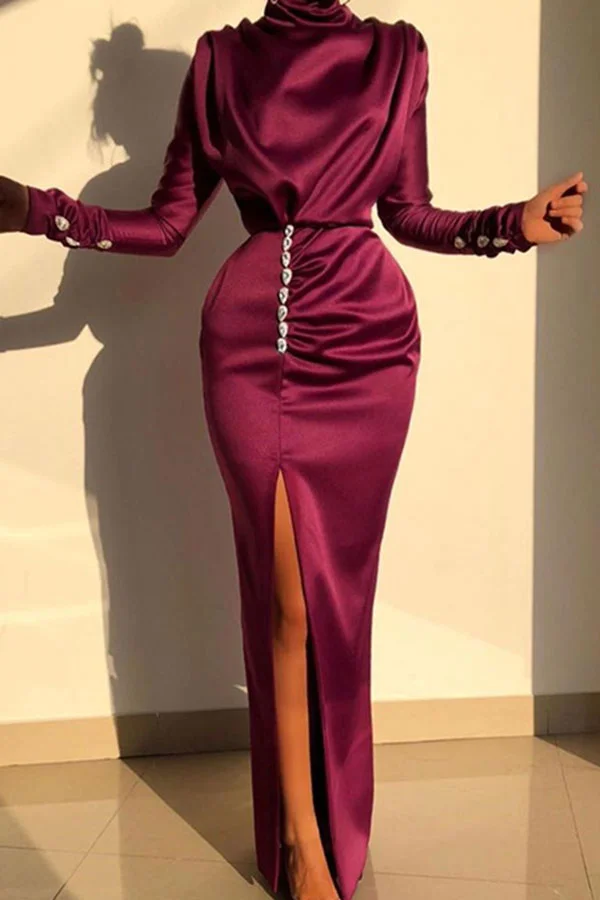 Solid Color Elegant Rhinestones Splited Maxi Dress