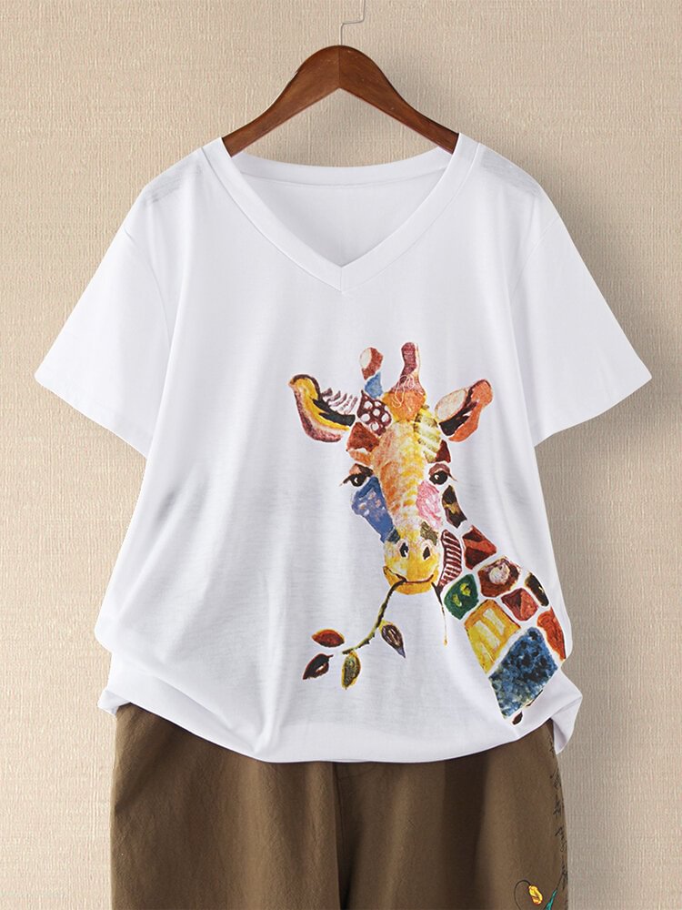 Giraffe Printed Short Sleeve V neck T shirt For Women P1704824