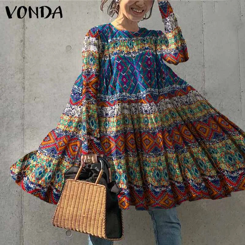 VONDA Autumn Dress Casual Long Sleeve O Neck Floral Print Ruffle Dresses Oversized Baggy Cotton Sundress Femme Bohemian Vestidos