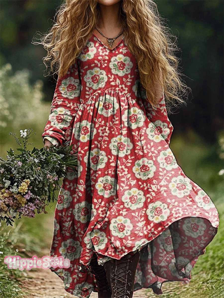 Women’s Vintage Floral Print Casual V-Neck Pocket Cotton Dress Multicolor / S