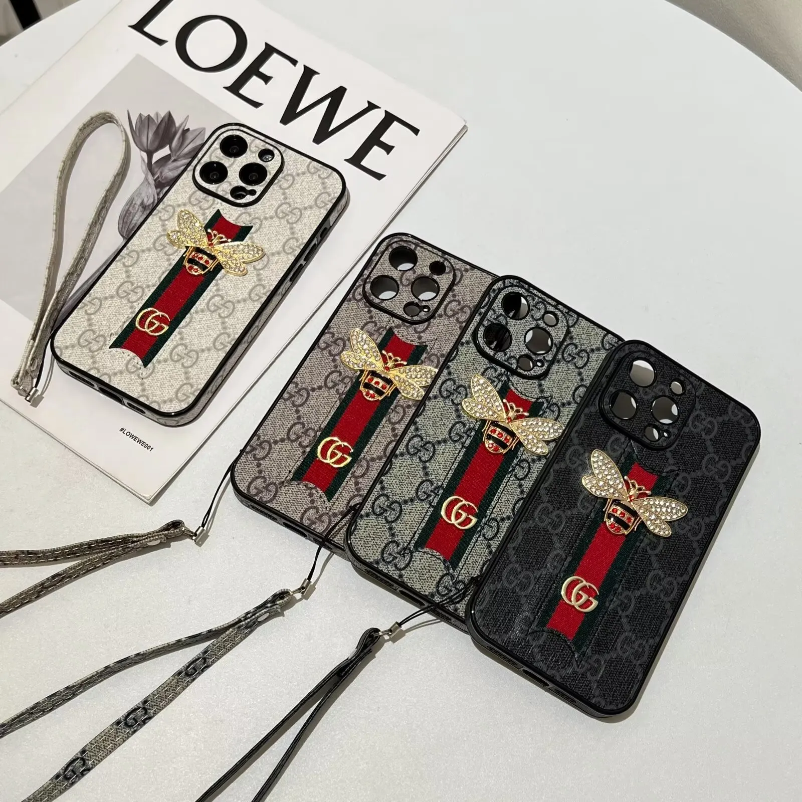 Gucci Bee Diamond Ophidia GG Leather New Apple iPhone Case